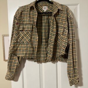 BDG Women's Cropped Plaid Jacket - Beige and Olive